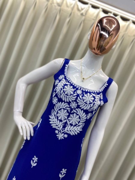 Royal Blue Reyon Kurti Set with Chikankari Touch Bold Ethnic Vibe for Celebrations Lucknowi Chikankari Kurtis Wholesale