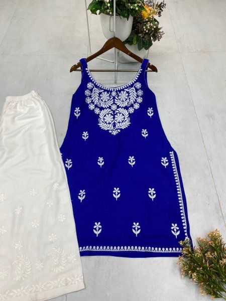 Royal Blue Reyon Kurti Set with Chikankari Touch Bold Ethnic Vibe for Celebrations Lucknowi Chikankari Kurtis Wholesale