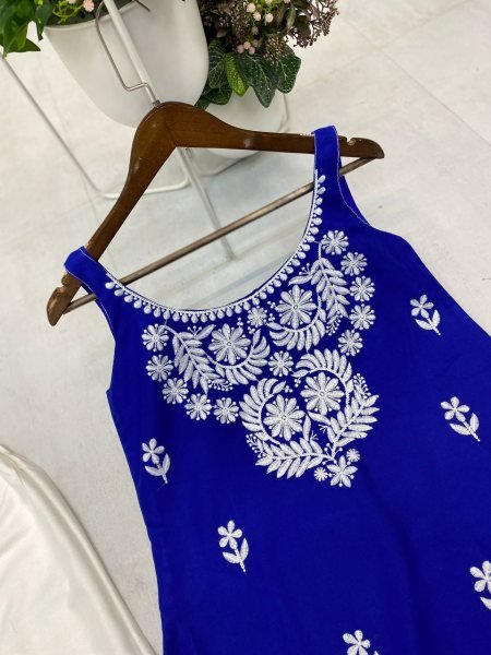 Royal Blue Reyon Kurti Set with Chikankari Touch Bold Ethnic Vibe for Celebrations Lucknowi Chikankari Kurtis Wholesale