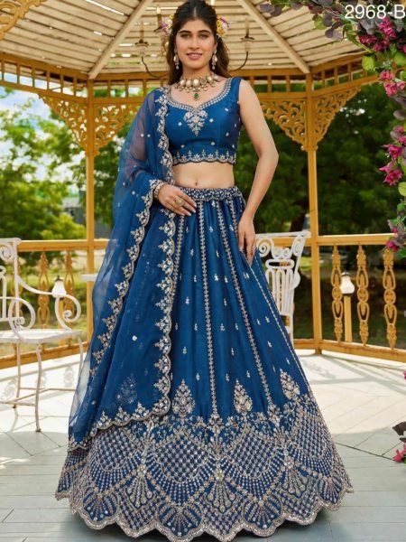 Royal Blue Satin Lehenga with Crystal Handwork and Organza Dupatta for Bridal Wear 