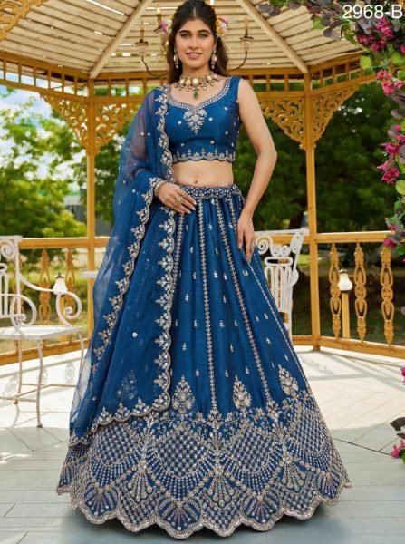 Royal Blue Satin Lehenga with Crystal Handwork and Organza Dupatta for Bridal Wear Bridal Lehenga Choli