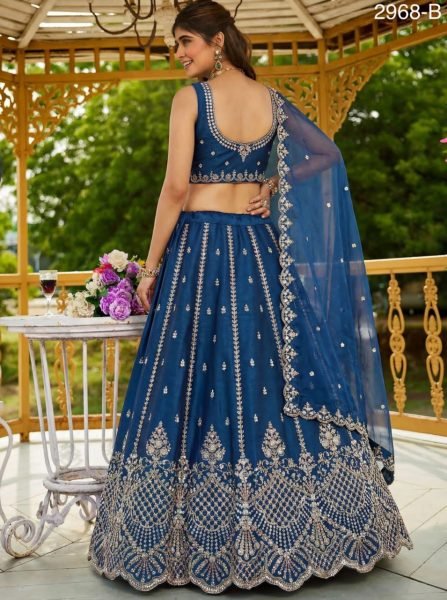 Royal Blue Satin Lehenga with Crystal Handwork and Organza Dupatta for Bridal Wear Bridal Lehenga Choli