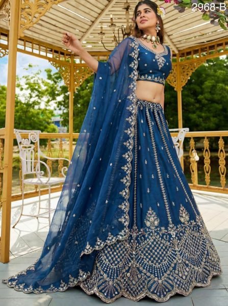 Royal Blue Satin Lehenga with Crystal Handwork and Organza Dupatta for Bridal Wear Bridal Lehenga Choli