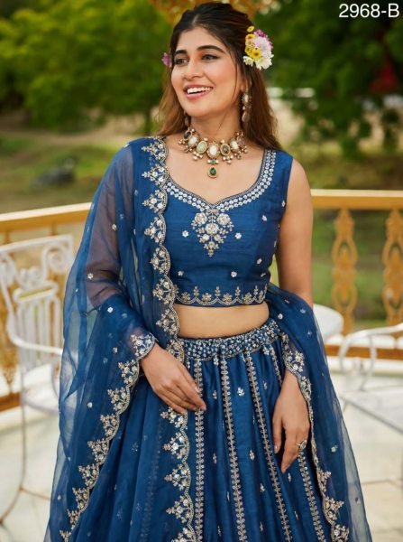 Royal Blue Satin Lehenga with Crystal Handwork and Organza Dupatta for Bridal Wear Bridal Lehenga Choli