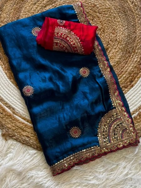 Royal Blue Space Silk Saree with Zari Resham and Sequin Embroidery For Wedding Wear Sarees 