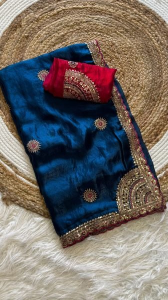 Royal Blue Space Silk Saree with Zari Resham and Sequin Embroidery For Wedding Wear Silk Sarees Wholesale