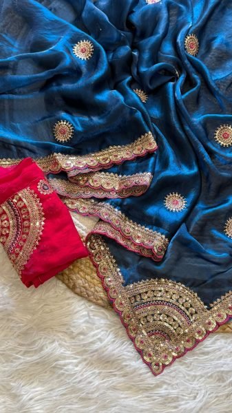 Royal Blue Space Silk Saree with Zari Resham and Sequin Embroidery For Wedding Wear Silk Sarees Wholesale
