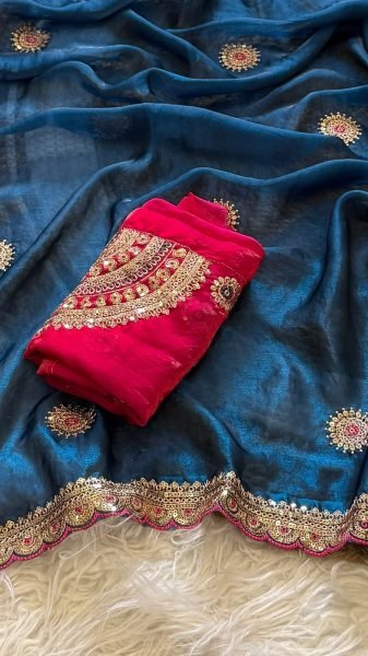 Royal Blue Space Silk Saree with Zari Resham and Sequin Embroidery For Wedding Wear Silk Sarees Wholesale