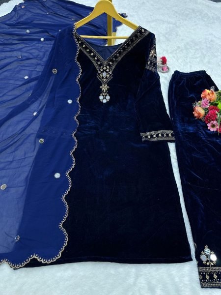 Royal Blue Velvet Kurti Set With Dupatta  3 Piece Kurti Set