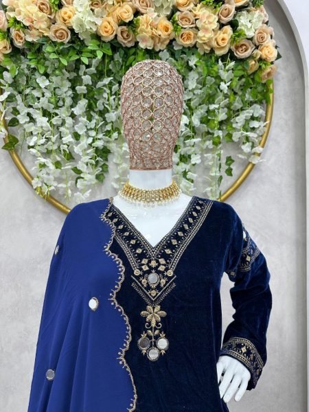 Royal Blue Velvet Kurti Set With Dupatta  3 Piece Kurti Set