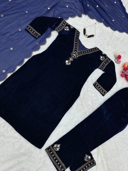 Royal Blue Velvet Kurti Set With Dupatta  3 Piece Kurti Set