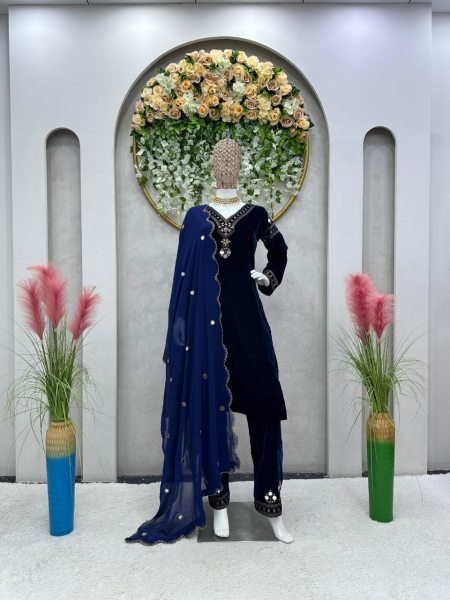 Royal Blue Velvet Kurti Set With Dupatta  3 Piece Kurti Set