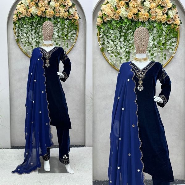 Royal Blue Velvet Kurti Set With Dupatta  3 Piece Kurti Set