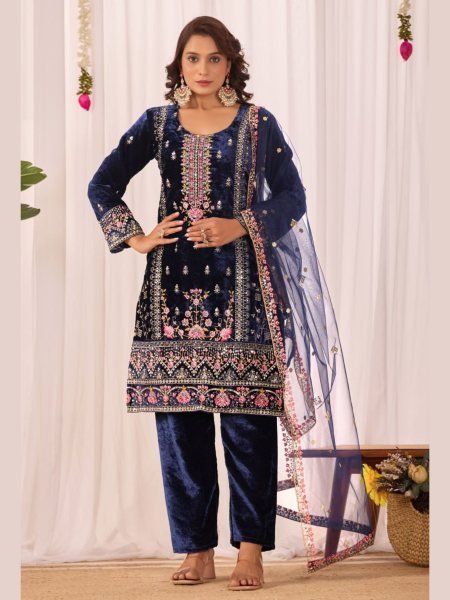Royal Blue Viscos Velvet Embroidery with Sequence Work Kurti Pant With Dupatta For Exporter   Ready To Wear Suit