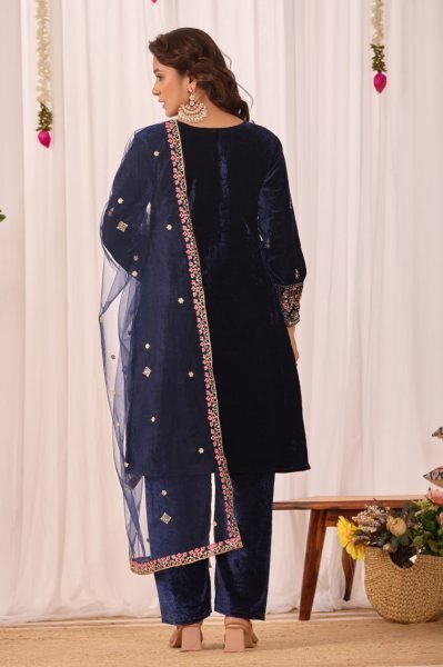 Royal Blue Viscos Velvet Embroidery with Sequence Work Kurti Pant With Dupatta For Exporter   Embroidery Kurtis 