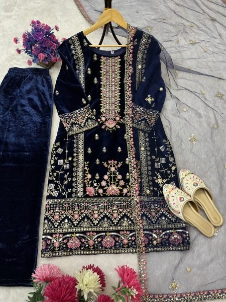 Royal Blue Viscos Velvet Embroidery with Sequence Work Kurti Pant With Dupatta For Exporter   Embroidery Kurtis 