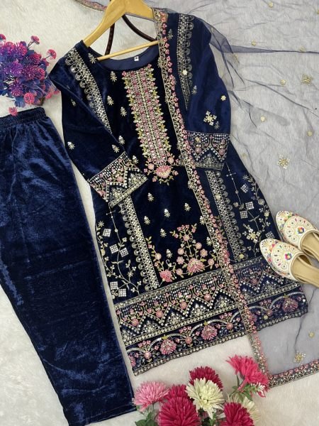 Royal Blue Viscos Velvet Embroidery with Sequence Work Kurti Pant With Dupatta For Exporter   Embroidery Kurtis 