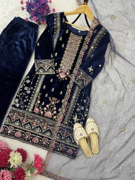 Royal Blue Viscos Velvet Embroidery with Sequence Work Kurti Pant With Dupatta For Exporter   Embroidery Kurtis 