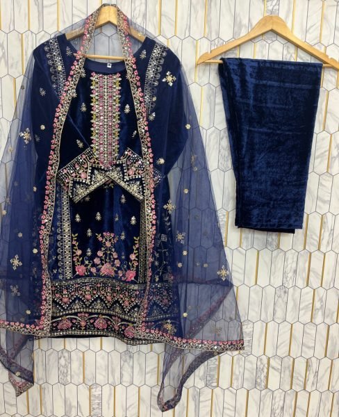Royal Blue Viscos Velvet Embroidery with Sequence Work Kurti Pant With Dupatta For Exporter   Embroidery Kurtis 