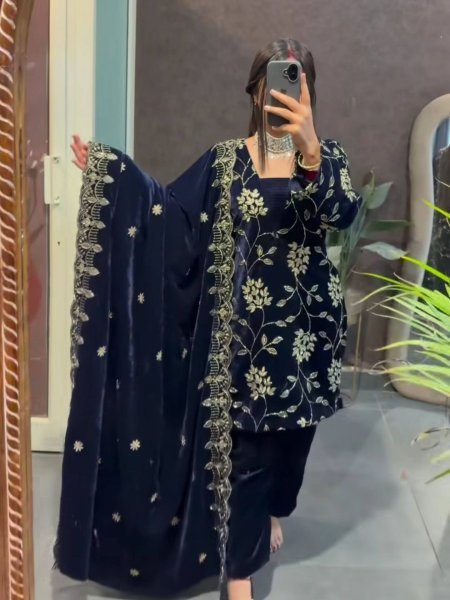 Royal Blue Viscose Velvet Embroidery Suit with Fully Stitched Pant and Heavy Velvet Dupatta For Party Wear 