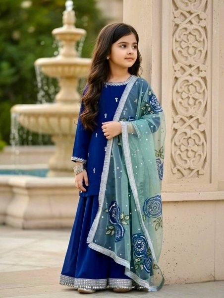 Royal Blue Viscose Velvet Embroidered Top,Sharara Set with Organza Dupatta for Wedding Wear Girls Wear
