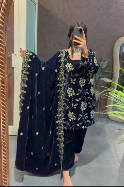 Royal Blue Viscose Velvet Embroidery Suit with Fully Stitched Pant and Heavy Velvet Dupatta For Party Wear  Straight Cut Long Kurtis