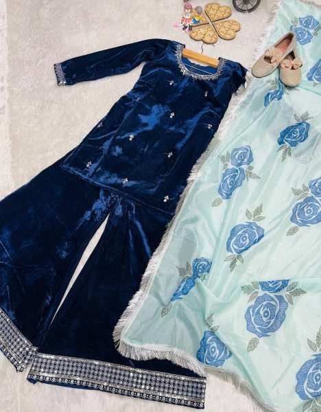 Royal Blue Viscose Velvet Embroidered Top,Sharara Set with Organza Dupatta for Wedding Wear Girls Wear