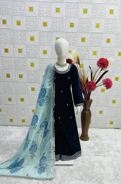 Royal Blue Viscose Velvet Embroidered Top,Sharara Set with Organza Dupatta for Wedding Wear Girls Wear