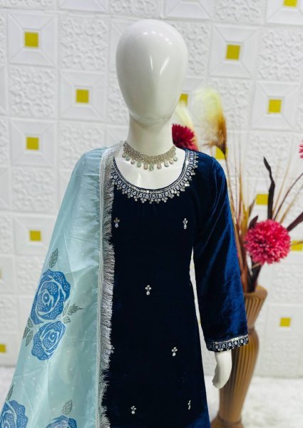 Royal Blue Viscose Velvet Embroidered Top,Sharara Set with Organza Dupatta for Wedding Wear Girls Wear
