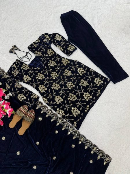 Royal Blue Viscose Velvet Embroidery Suit with Fully Stitched Pant and Heavy Velvet Dupatta For Party Wear  Straight Cut Long Kurtis