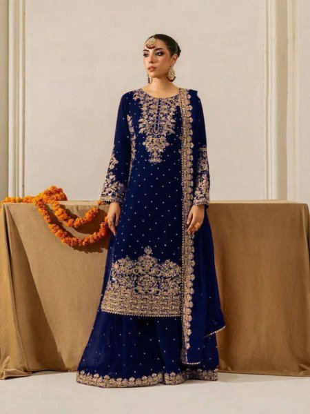 Royal Blue Winter Wear Velvet Embroidered Sequence Work Suit Set for Festive Nights Wear