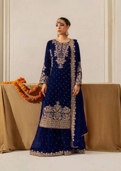 Royal Blue Winter Wear Velvet Embroidered Sequence Work Suit Set for Festive Nights Wear Ready To Wear Collection