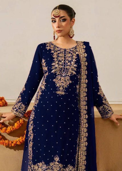 Royal Blue Winter Wear Velvet Embroidered Sequence Work Suit Set for Festive Nights Wear Ready To Wear Collection