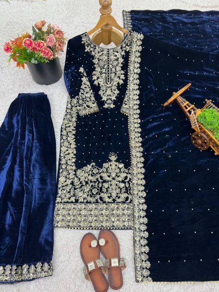 Royal Blue Winter Wear Velvet Embroidered Sequence Work Suit Set for Festive Nights Wear Ready To Wear Collection