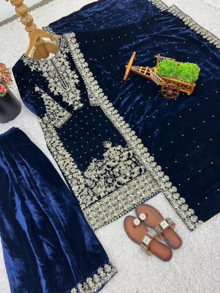 Royal Blue Winter Wear Velvet Embroidered Sequence Work Suit Set for Festive Nights Wear Ready To Wear Collection