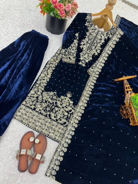 Royal Blue Winter Wear Velvet Embroidered Sequence Work Suit Set for Festive Nights Wear Ready To Wear Collection