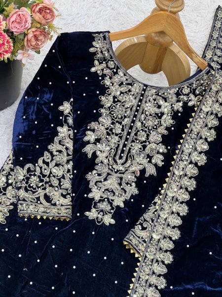 Royal Blue Winter Wear Velvet Embroidered Sequence Work Suit Set for Festive Nights Wear Ready To Wear Collection
