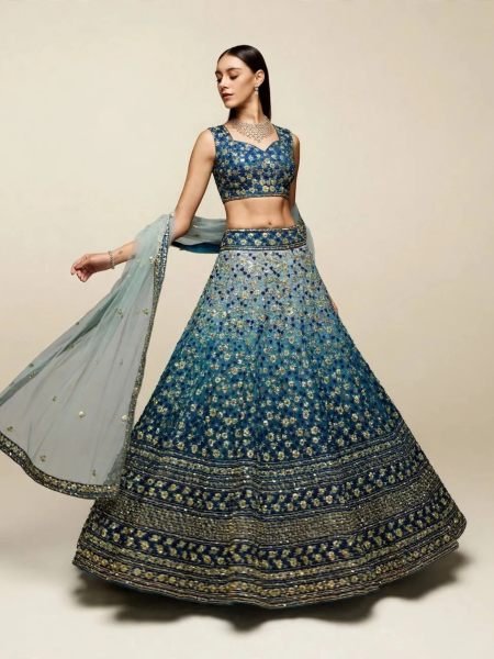 Royal Blue Zari Tissue Lehenga Choli with Lace Border Dupatta at Wholesale Rate 