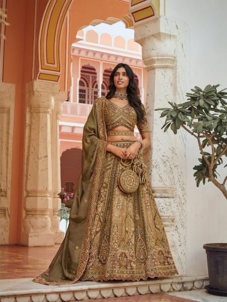 Royal Bridal Mahedi Green Banarasi Silk Lehenga with Heavy Embroidery Work For Wholesale Rate  Lehenga