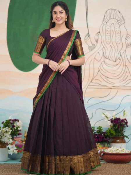 Royal Brown Half Saree Lehenga with Kanchi Cotton for Traditional Wear Half Saree Lehenga