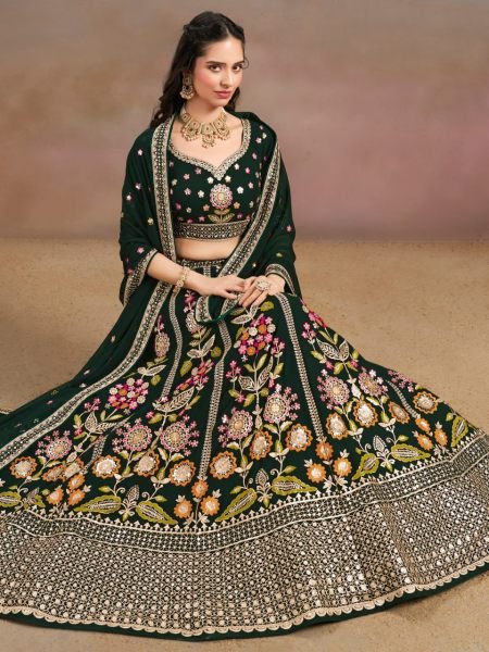 Bloom Green Georgette Bridal Lehenga with Multi Thread Embroidery for Mehendi Function Bridal Lehenga Choli