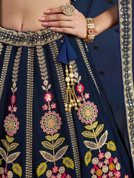 Navy Blue Georgette Lehenga with Multi Thread Embroidery for Evening Wedding Glam Bridal Lehenga Choli