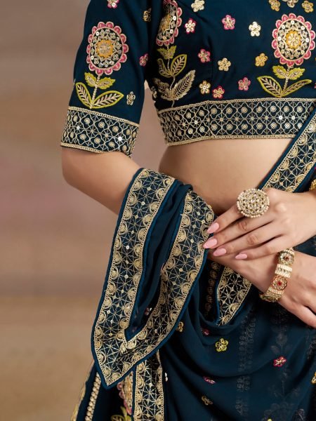 Navy Blue Georgette Lehenga with Multi Thread Embroidery for Evening Wedding Glam Bridal Lehenga Choli
