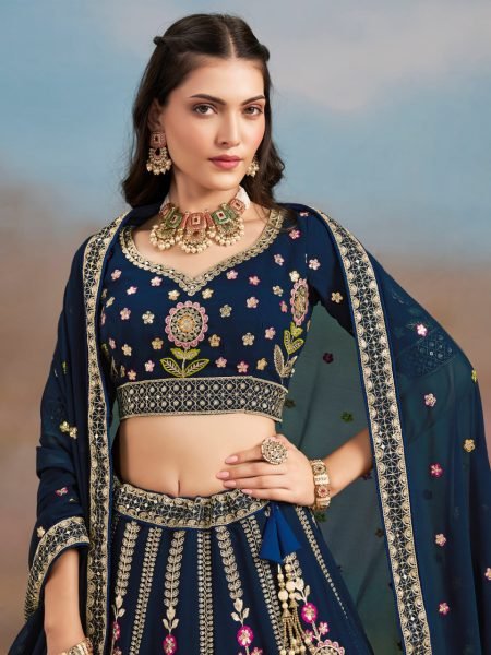 Navy Blue Georgette Lehenga with Multi Thread Embroidery for Evening Wedding Glam Bridal Lehenga Choli