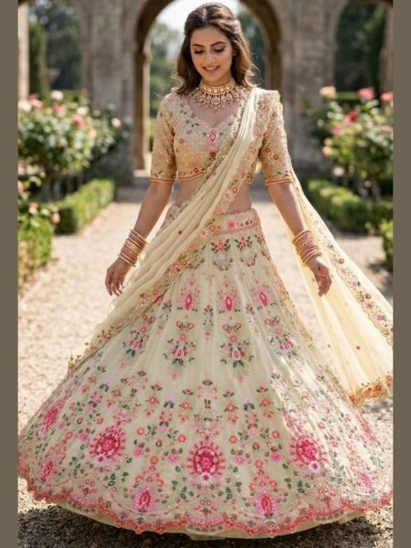 Royal Cream Faux Georgette Lehenga with Can Can and Canvas Layers for Wedding Wear  Lehenga