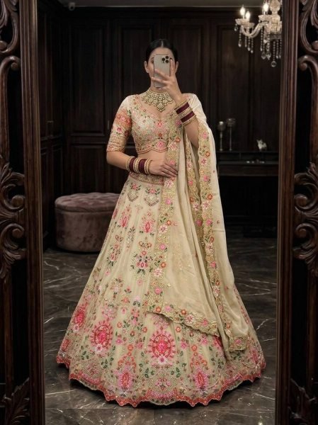 Royal Cream Faux Georgette Lehenga with Can Can and Canvas Layers for Wedding Wear Bridal Lehenga Choli