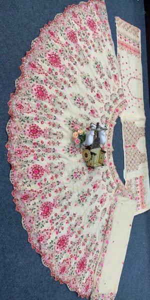 Royal Cream Faux Georgette Lehenga with Can Can and Canvas Layers for Wedding Wear Bridal Lehenga Choli