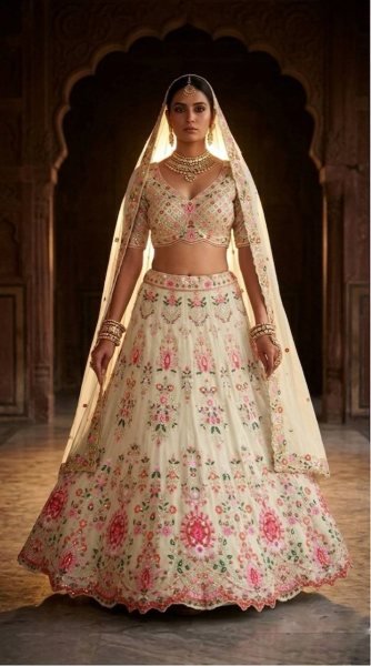 Royal Cream Faux Georgette Lehenga with Can Can and Canvas Layers for Wedding Wear Bridal Lehenga Choli