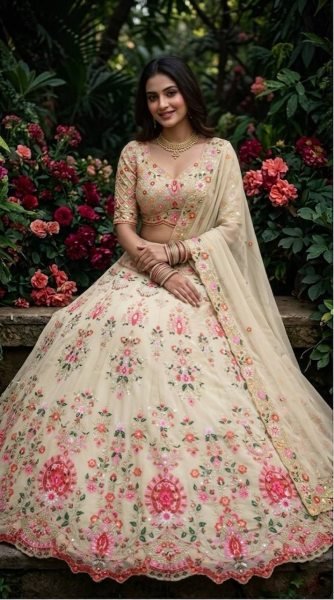 Royal Cream Faux Georgette Lehenga with Can Can and Canvas Layers for Wedding Wear Bridal Lehenga Choli