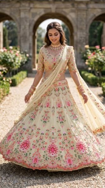 Royal Cream Faux Georgette Lehenga with Can Can and Canvas Layers for Wedding Wear Bridal Lehenga Choli